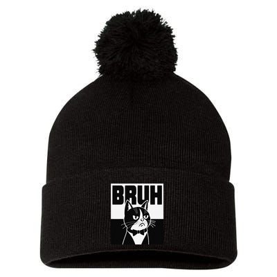 Bruh Angry Cat Funny Antisocial Hillarious Message Sarcasm Pom Pom 12in Knit Beanie