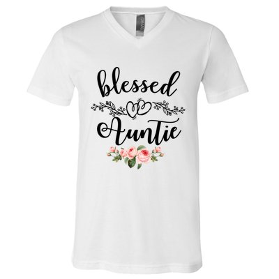 Blessed Auntie Cute Flower Auntie Gift Tee Gift V-Neck T-Shirt