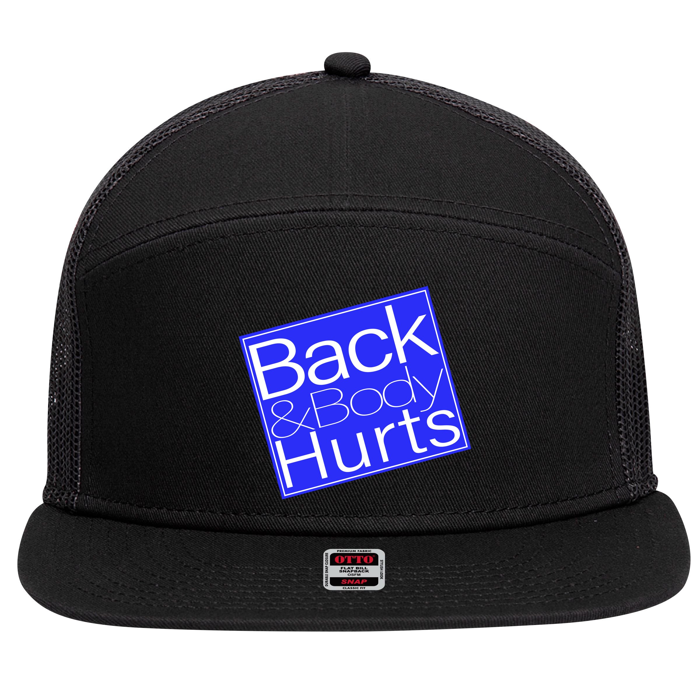 Back and Body Hurts Blue Logo 7 Panel Mesh Trucker Snapback Hat