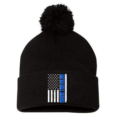 Back The Blue Thin Blue Line US Flag Pom Pom 12in Knit Beanie