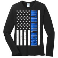 Back The Blue Thin Blue Line US Flag Ladies Long Sleeve Shirt