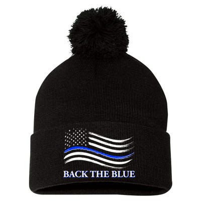 Back The Blue Thin Blue Line USA Flag Pom Pom 12in Knit Beanie