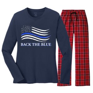 Back The Blue Thin Blue Line USA Flag Women's Long Sleeve Flannel Pajama Set 