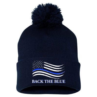 Back The Blue Thin Blue Line USA Flag Pom Pom 12in Knit Beanie