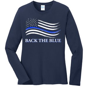 Back The Blue Thin Blue Line USA Flag Ladies Long Sleeve Shirt