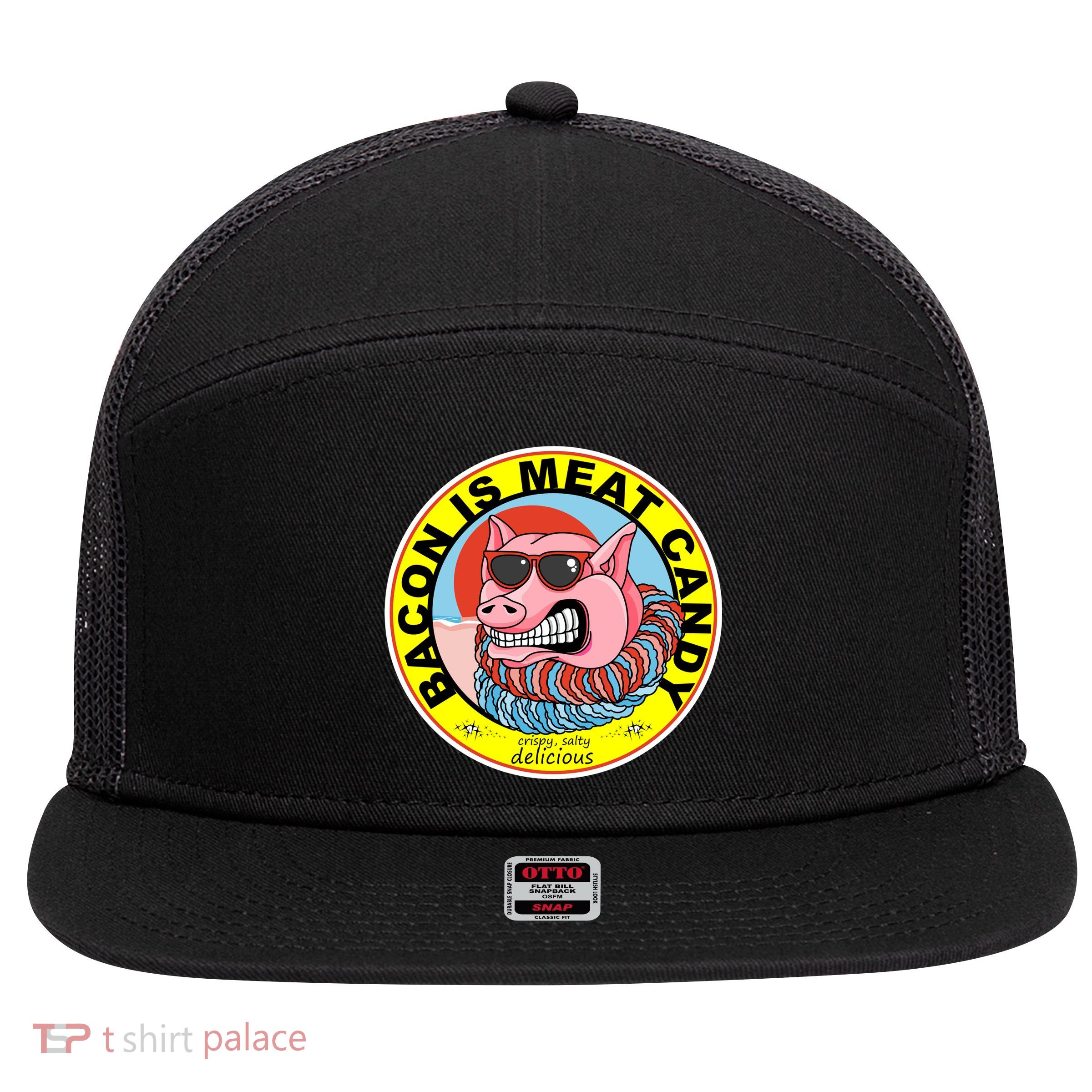 Bacon Is Meat Candy Pig Funny 7 Panel Mesh Trucker Snapback Hat