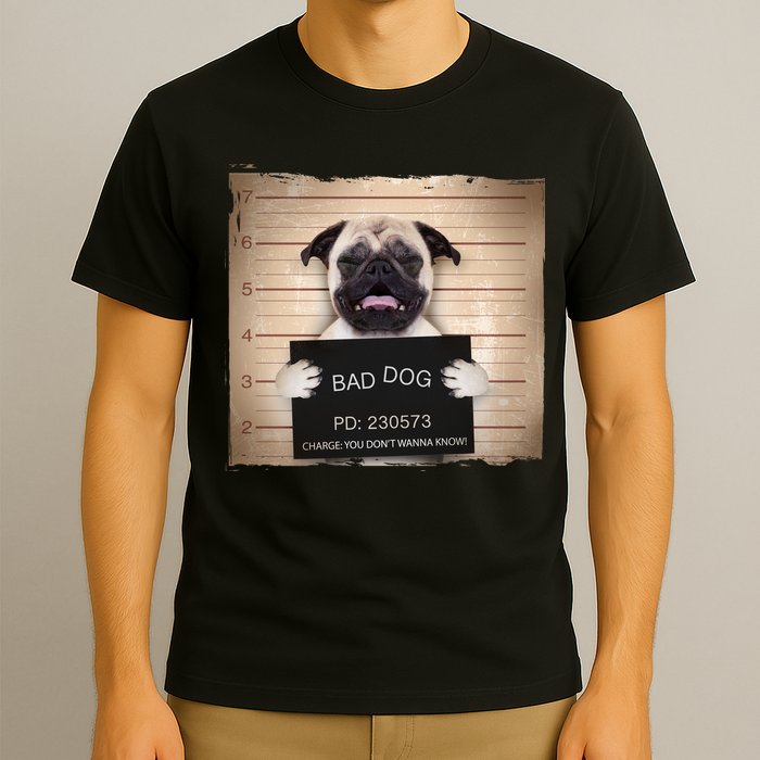 Bad Dog Funny Pug Prison Mug Shot T-Shirt