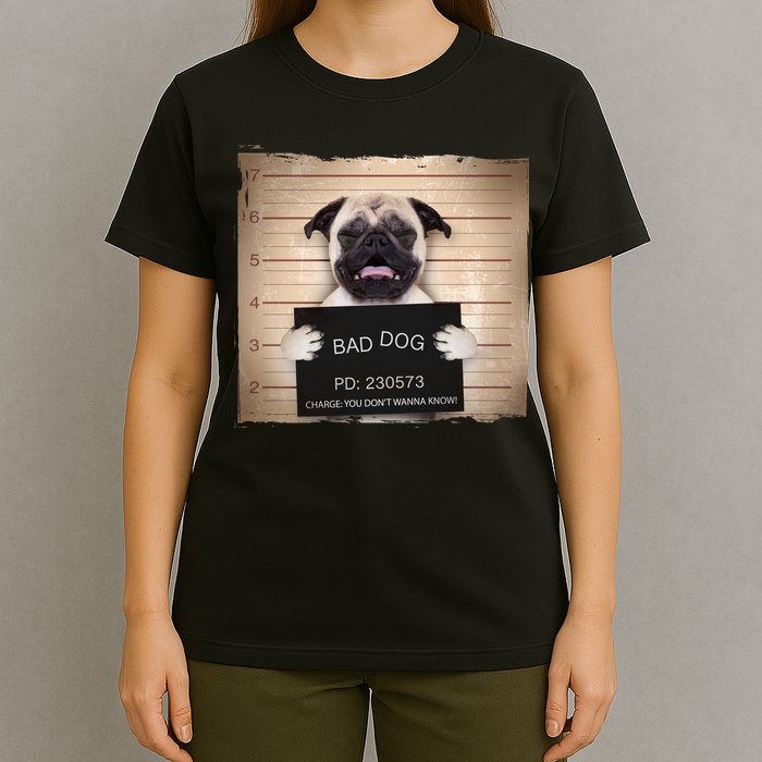 Bad Dog Funny Pug Prison Mug Shot T-Shirt