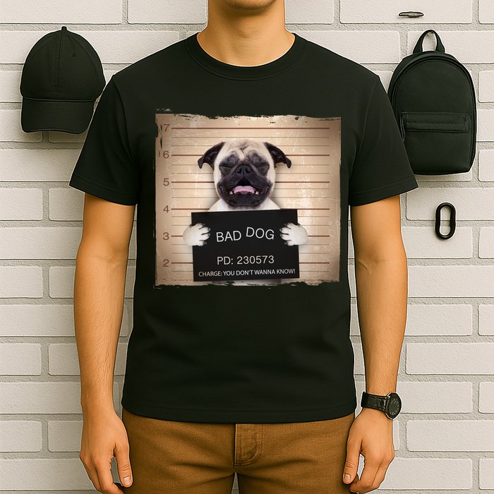 Bad Dog Funny Pug Prison Mug Shot T-Shirt