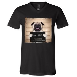 Bad Dog Funny Pug Prison Mug Shot V-Neck T-Shirt