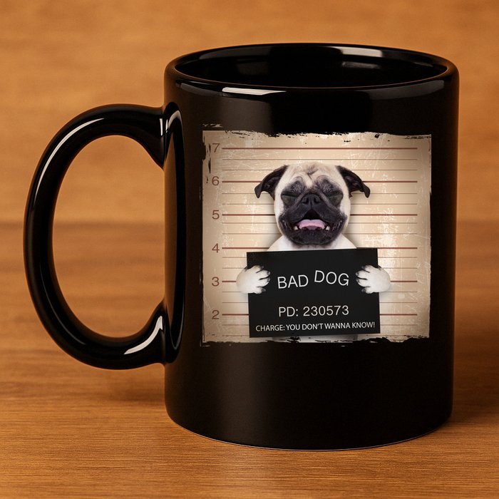 Bad Dog Funny Pug Prison Mug Shot 11oz C Handle Ceramic Mug
