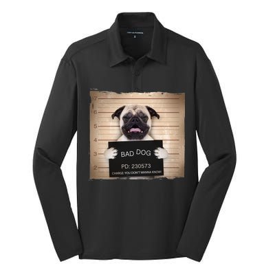 Bad Dog Funny Pug Prison Mug Shot Silk Touch Performance Long Sleeve Polo