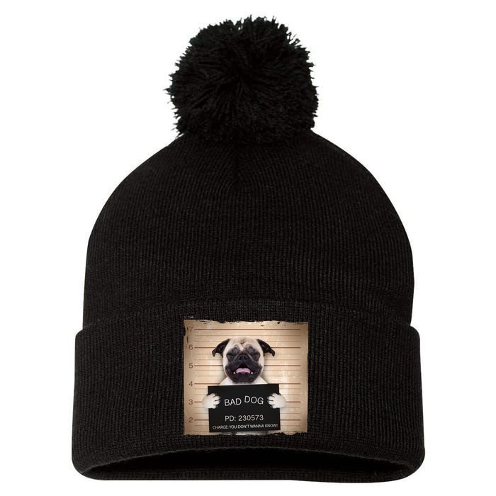 Bad Dog Funny Pug Prison Mug Shot Pom Pom 12in Knit Beanie