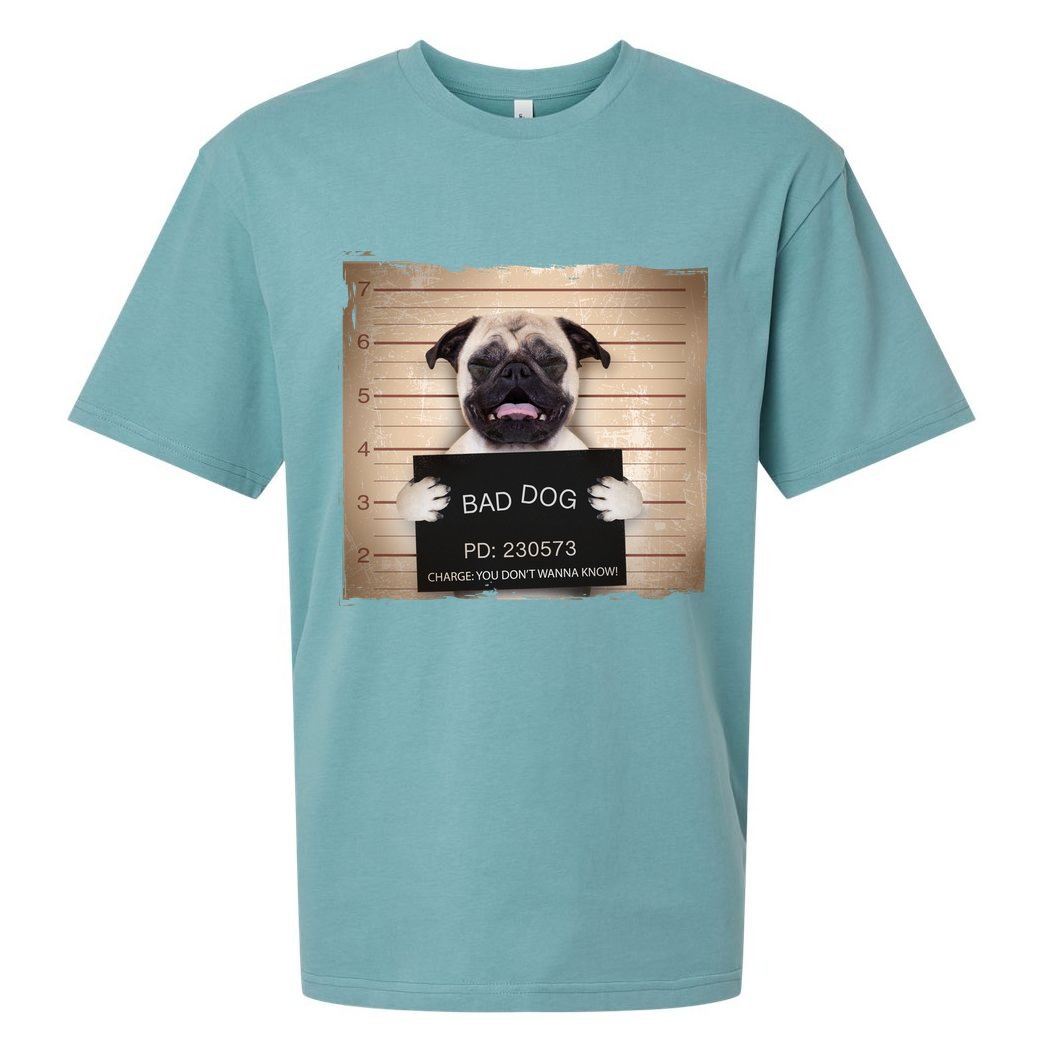 Bad Dog Funny Pug Prison Mug Shot Sueded Cloud Jersey T-Shirt