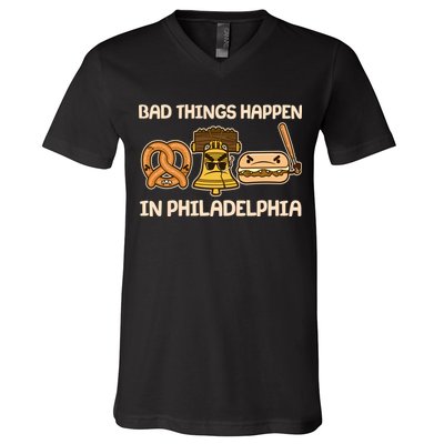 Bad Things Happen in Philadelphia Pretzel Liberty Bell Cheesesteak V-Neck T-Shirt