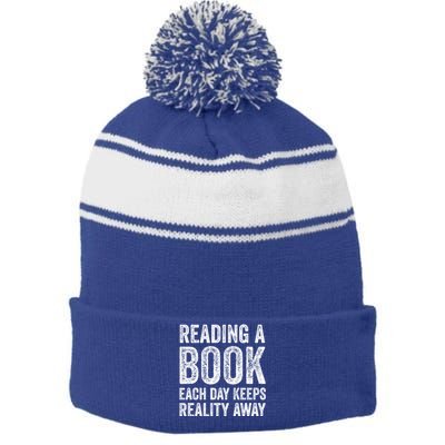 Book A Day Keeps Reality Away Avid Book Reader Gift Stripe Pom Pom Beanie