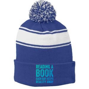 Book A Day Keeps Reality Away Avid Book Reader Gift Stripe Pom Pom Beanie