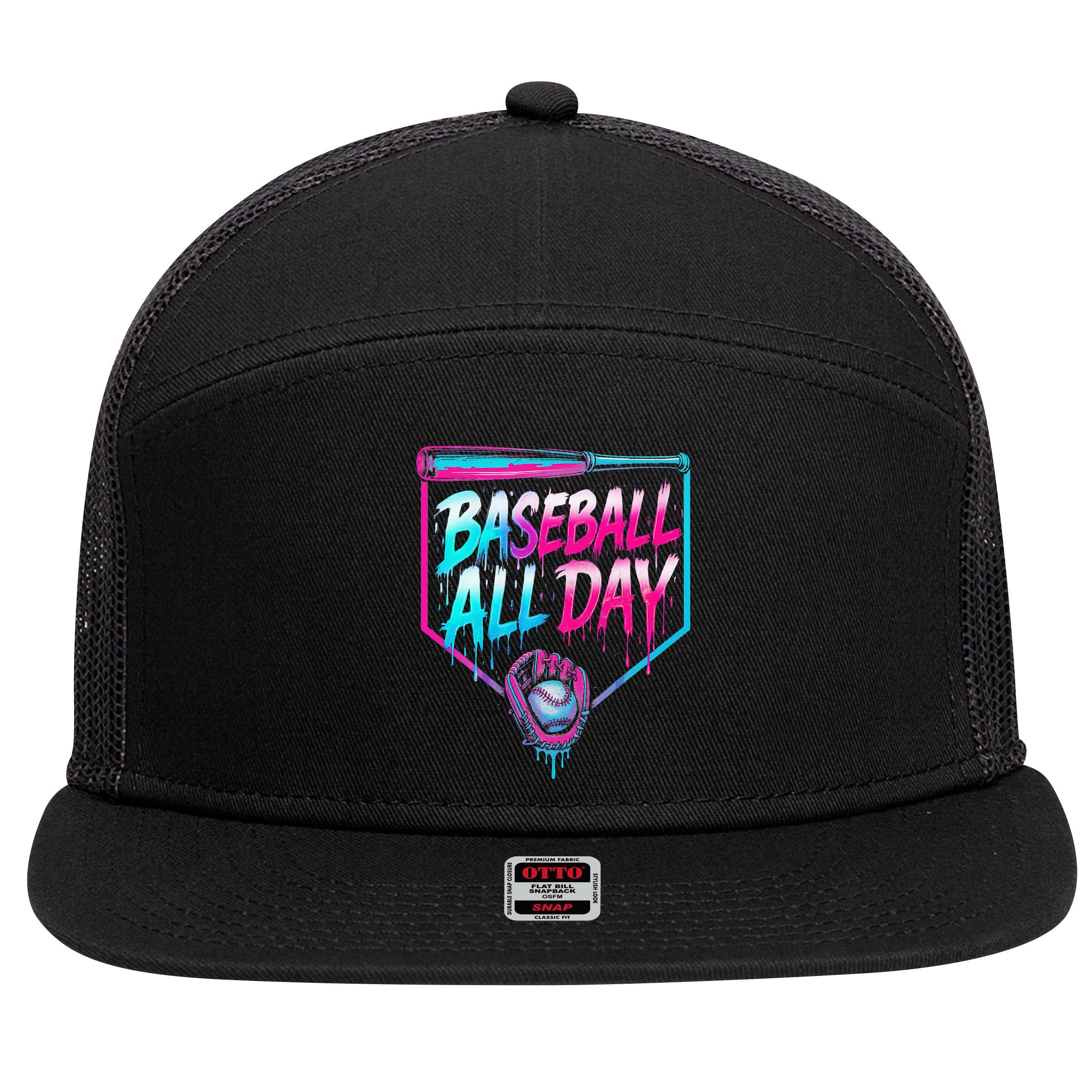 Baseball All Day Ice Cream Dripping Drip 7 Panel Mesh Trucker Snapback Hat