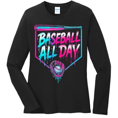 Baseball All Day Ice Cream Dripping Drip Ladies Long Sleeve Shirt