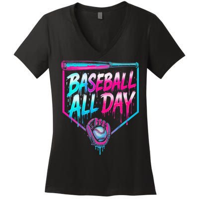 Baseball All Day Ice Cream Dripping Drip Women's V-Neck T-Shirt