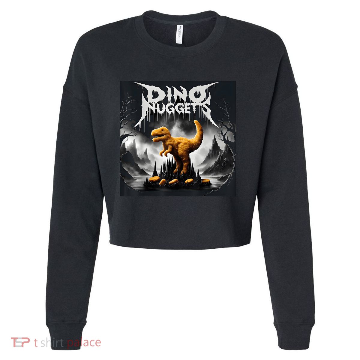 Black Aesthetic Dino Nuggets Death Metal Music Chicken Nugs Cropped Pullover Crew