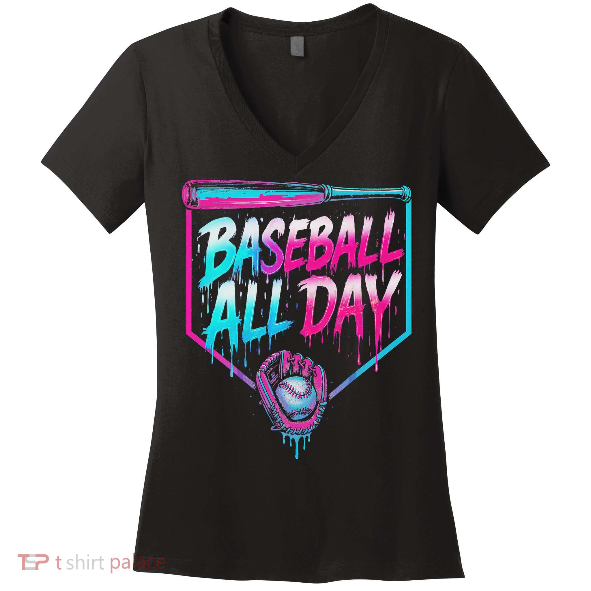 Baseball All Day Ice Cream Dripping Drip Women's V-Neck T-Shirt