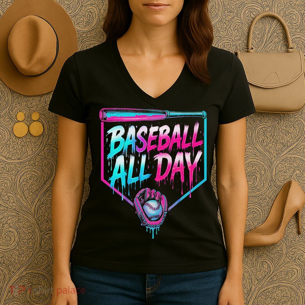 Baseball All Day Ice Cream Dripping Drip Women's V-Neck T-Shirt