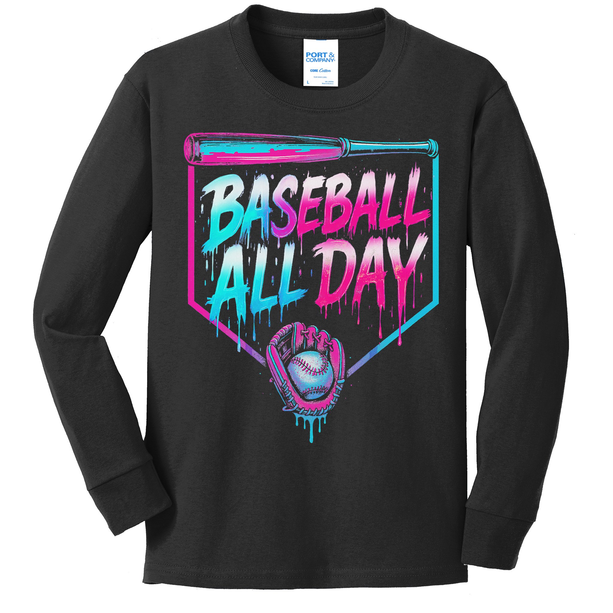 Baseball All Day Ice Cream Dripping Drip Kids Long Sleeve Shirt