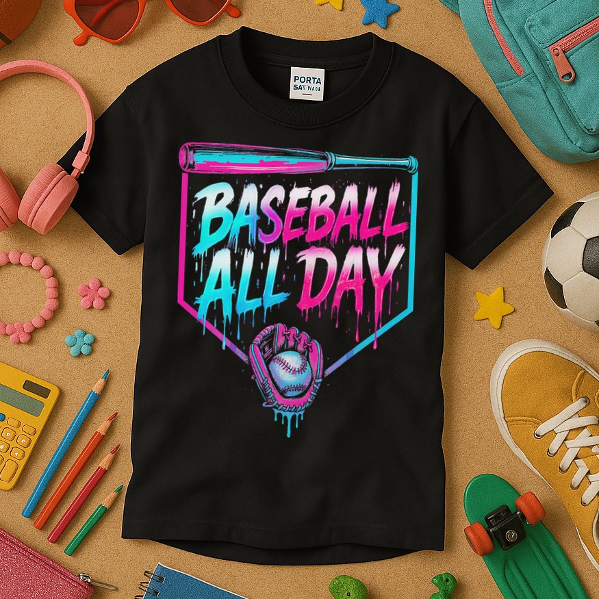 Baseball All Day Ice Cream Dripping Drip Kids T-Shirt