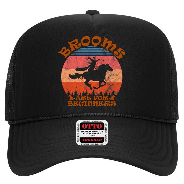 Brooms Are For Beginners Witch Riding Horse Halloween Retro High Crown Mesh Back Trucker Hat