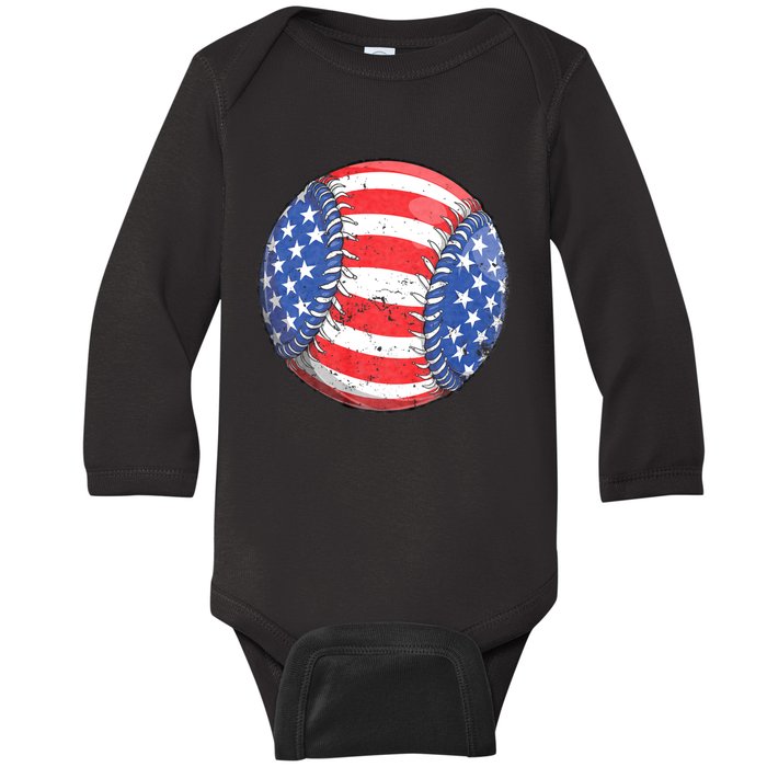 Baseball American Flag 4th Of July Retro Ball Sport Baby Long Sleeve Bodysuit