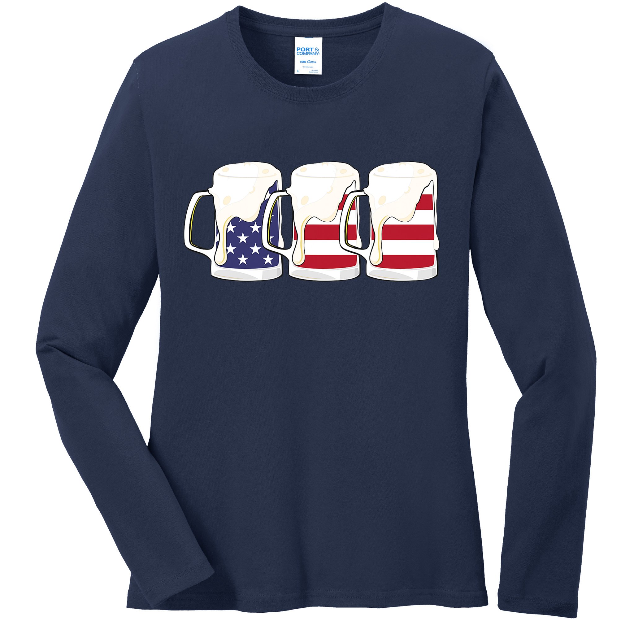 Beer American Flag Shirt 4th Of July Men Women Merica USA Ladies Long Sleeve Shirt