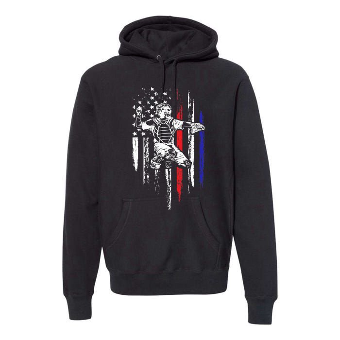 Baseball American Flag Patriotic Catcher 4th Of July Gift Premium Hoodie