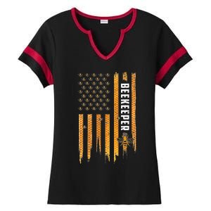 Beekeeping American Flag Honeycomb Honey Bees Beekeeper Ladies Halftime Notch Neck Tee