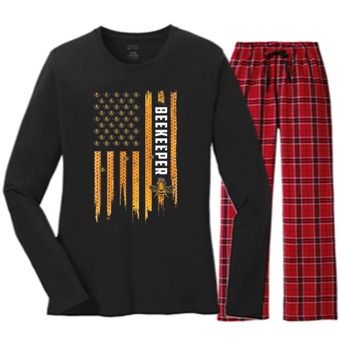 Beekeeping American Flag Honeycomb Honey Bees Beekeeper Women's Long Sleeve Flannel Pajama Set 