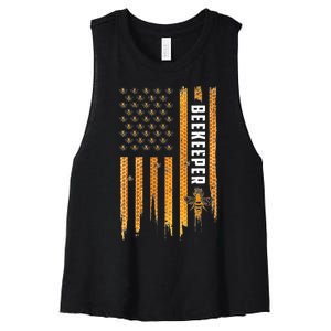 Beekeeping American Flag Honeycomb Honey Bees Beekeeper Women's Racerback Cropped Tank