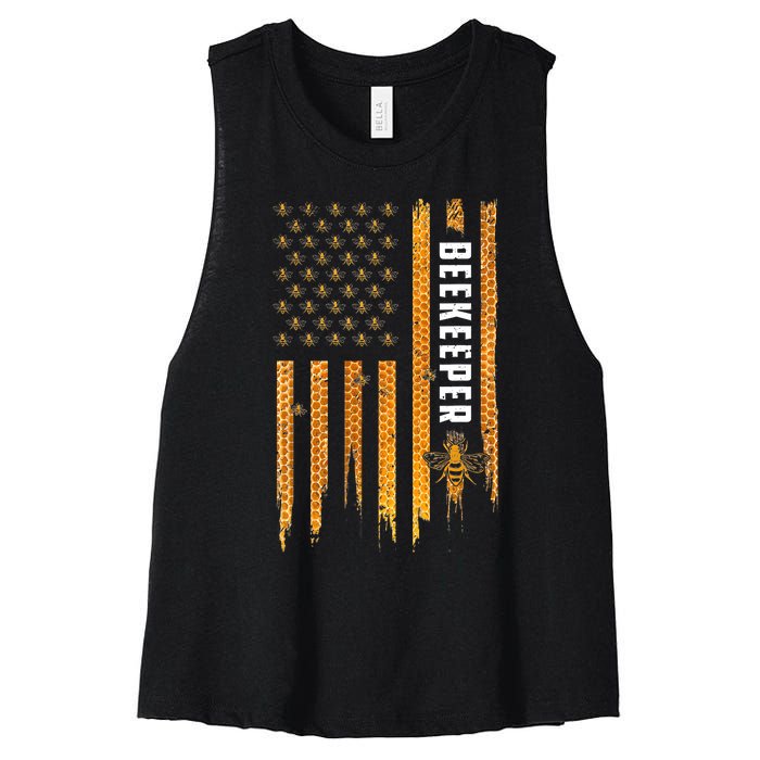 Beekeeping American Flag Honeycomb Honey Bees Beekeeper Women's Racerback Cropped Tank