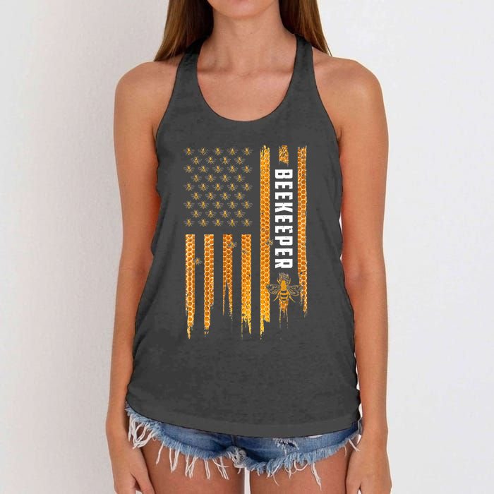 Beekeeping American Flag Honeycomb Honey Bees Beekeeper Women's Knotted Racerback Tank