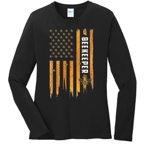 Beekeeping American Flag Honeycomb Honey Bees Beekeeper Ladies Long Sleeve Shirt