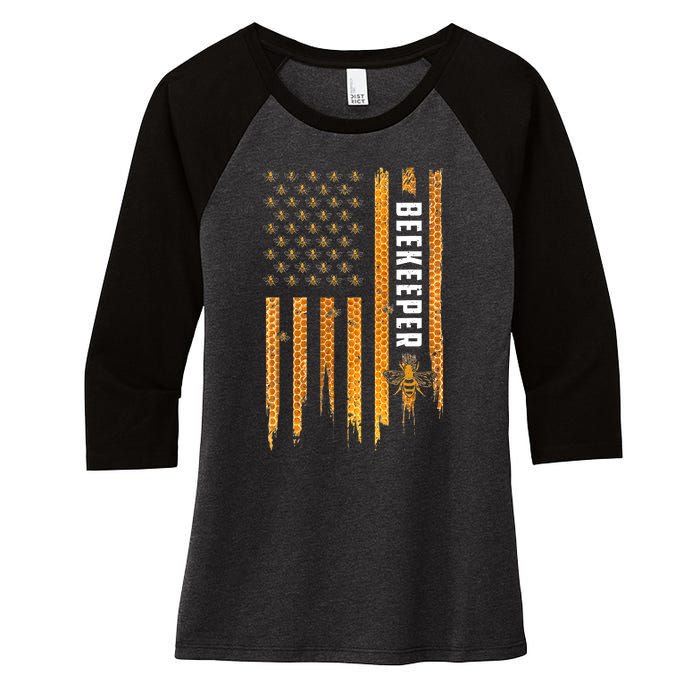 Beekeeping American Flag Honeycomb Honey Bees Beekeeper Women's Tri-Blend 3/4-Sleeve Raglan Shirt