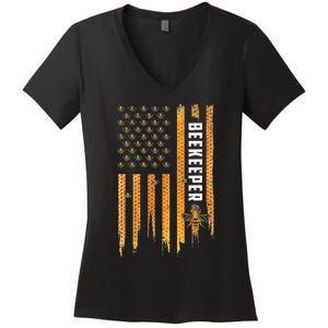 Beekeeping American Flag Honeycomb Honey Bees Beekeeper Women's V-Neck T-Shirt