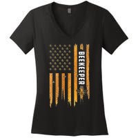 Beekeeping American Flag Honeycomb Honey Bees Beekeeper Women's V-Neck T-Shirt