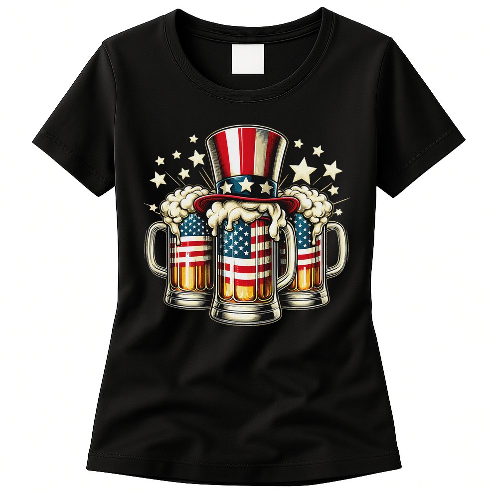 Beer American Flag Usa 4th Of July Party Drinking Women Womens T-Shirt