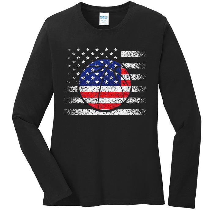 Basketball American Flag 4th Of July USA Sports Team Players Ladies Long Sleeve Shirt