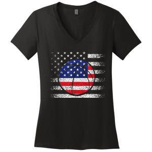 Basketball American Flag 4th Of July USA Sports Team Players Women's V-Neck T-Shirt