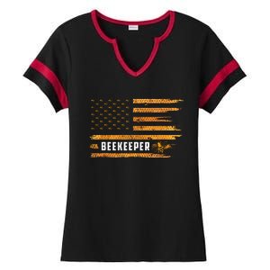 Beekeeping American Flag Honeycomb Honey Bees Beekeeper Ladies Halftime Notch Neck Tee