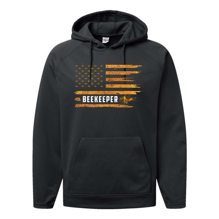 Beekeeping American Flag Honeycomb Honey Bees Beekeeper Performance Fleece Hoodie