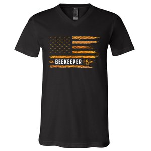 Beekeeping American Flag Honeycomb Honey Bees Beekeeper V-Neck T-Shirt