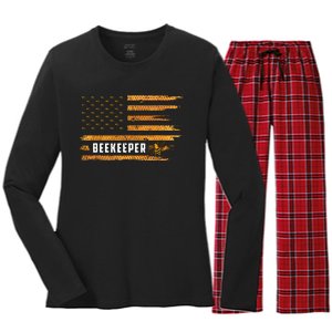 Beekeeping American Flag Honeycomb Honey Bees Beekeeper Women's Long Sleeve Flannel Pajama Set 