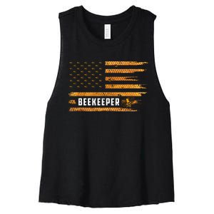 Beekeeping American Flag Honeycomb Honey Bees Beekeeper Women's Racerback Cropped Tank